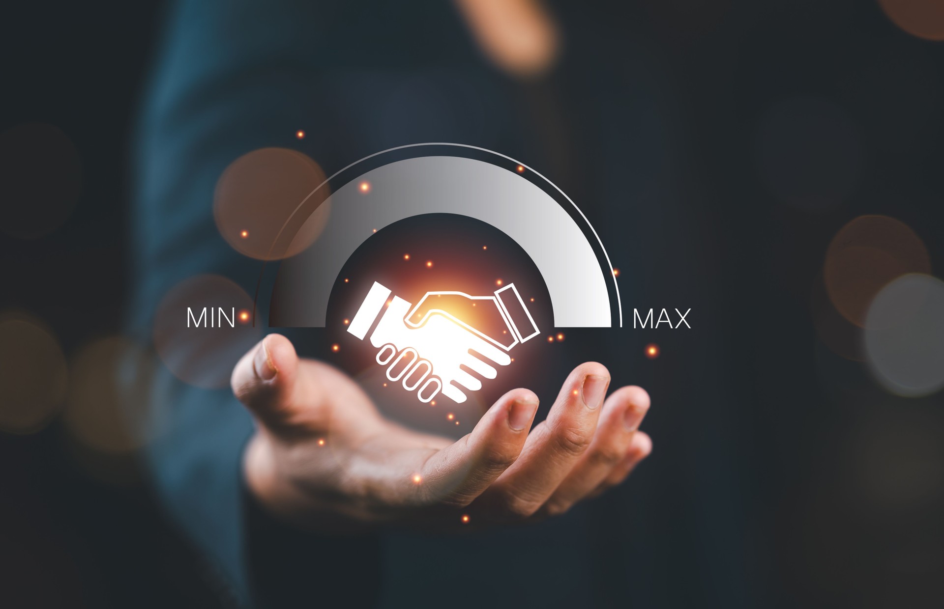 Trusted partner. Trustworthy collaboration, company or contract. Confidence to work together. Businessman turning knob to highest trust levels. Build trust in business and finance relationships.